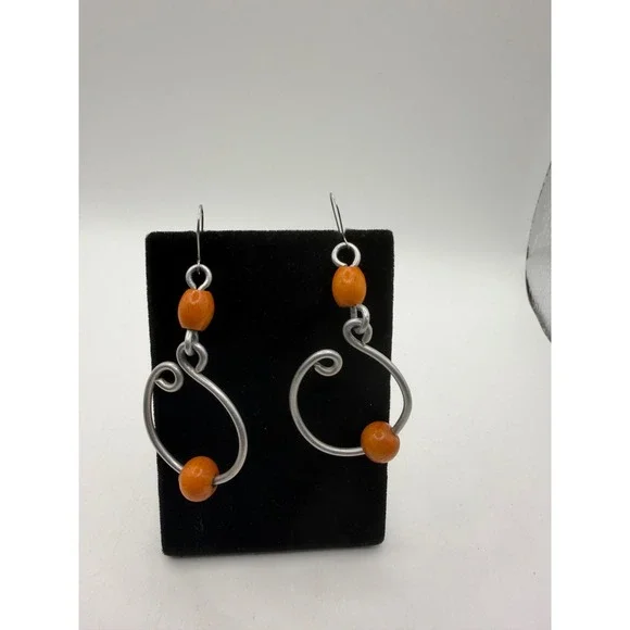 Artisan Silver Tone Wire Swirl Drop Earrings Orange Wood Bead Boho Dangle - Picture 1 of 4